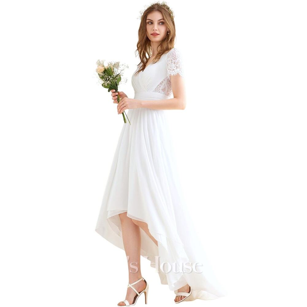 JJs House Chiffon Wedding Dress A-line V-Neck Asymmetrical HiLo Lace Destination